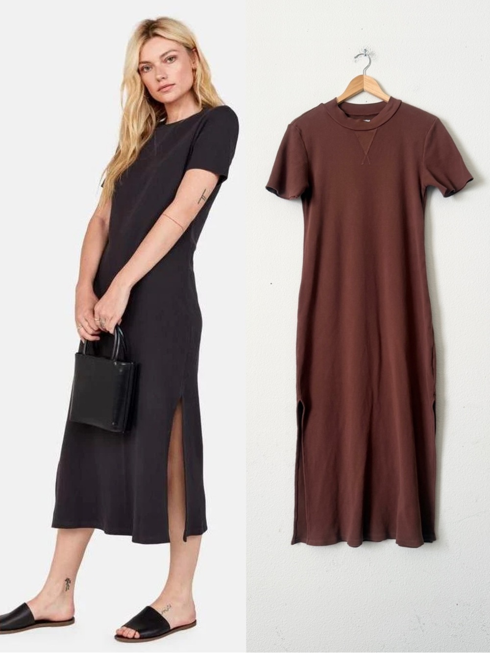 Mate The Label MEDIUM Layla thermal short sleeve slit hem midi dress in brown